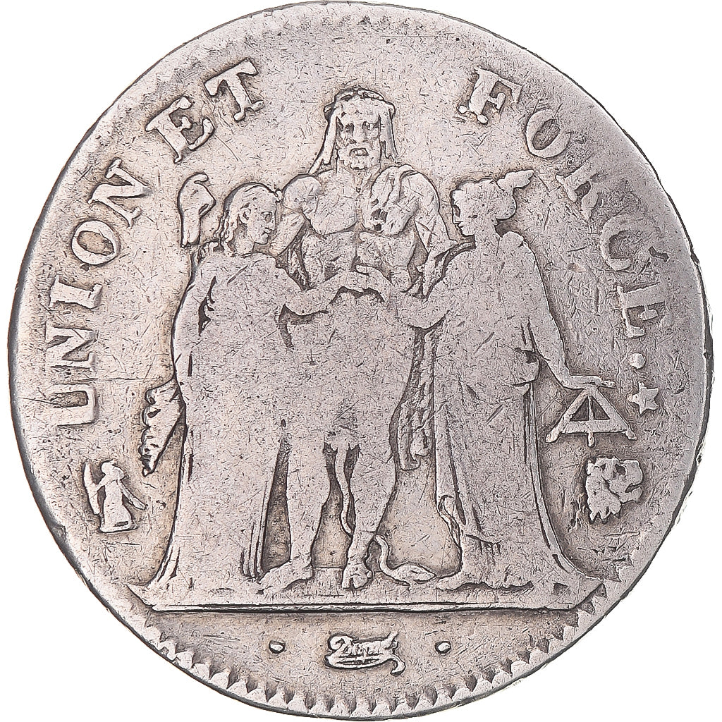 Moneta, Francia, Union et Force, 5 Francs, AN 7, Bayonne, MB+, Argento