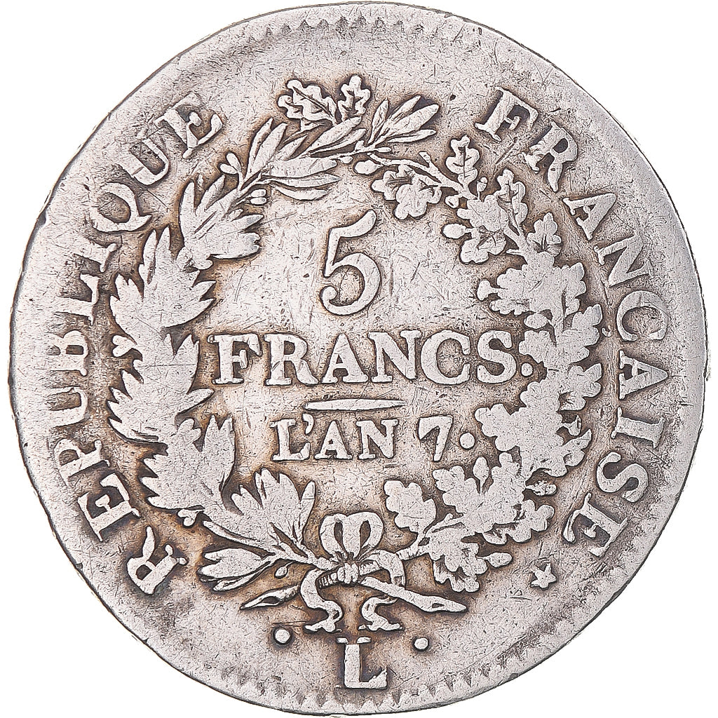 Moneta, Francia, Union et Force, 5 Francs, AN 7, Bayonne, MB+, Argento