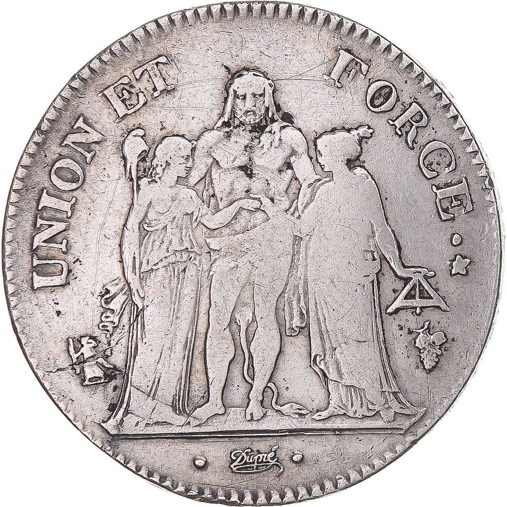 Moneta, Francia, Union et Force, 5 Francs, AN 8, Perpignan, MB+, Argento