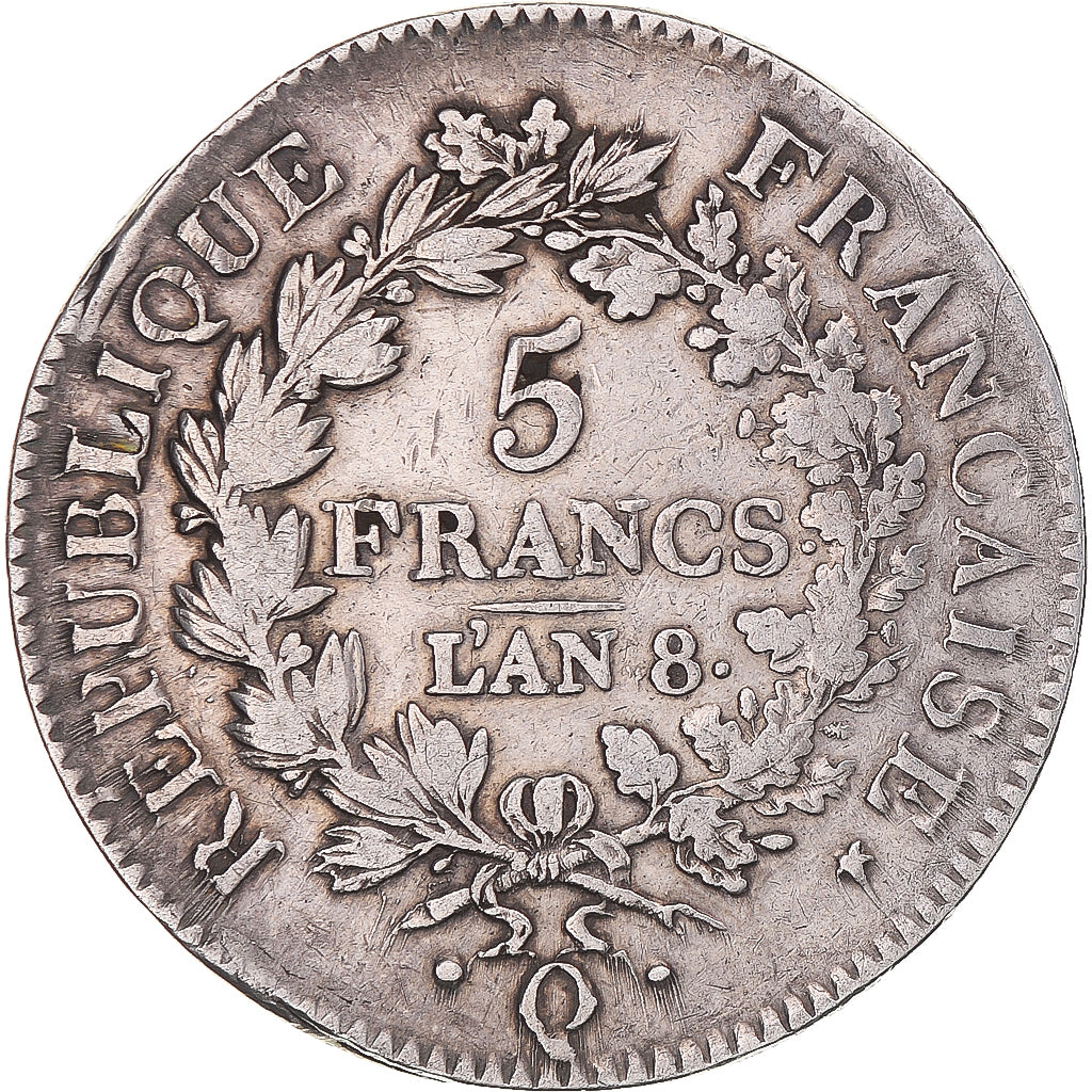 Moneta, Francia, Union et Force, 5 Francs, AN 8, Perpignan, MB+, Argento