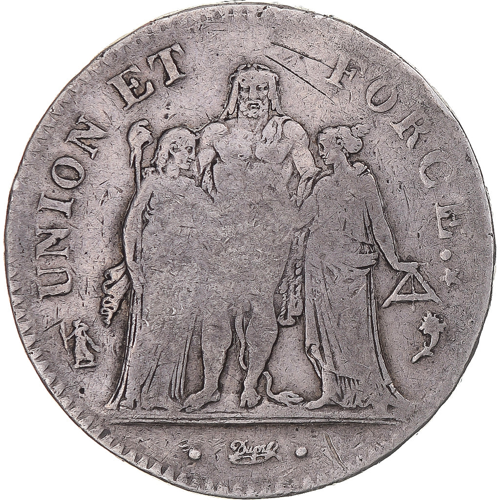 Moneta, Francia, Union et Force, 5 Francs, AN 5, Paris, MB+, Argento, KM:639.1