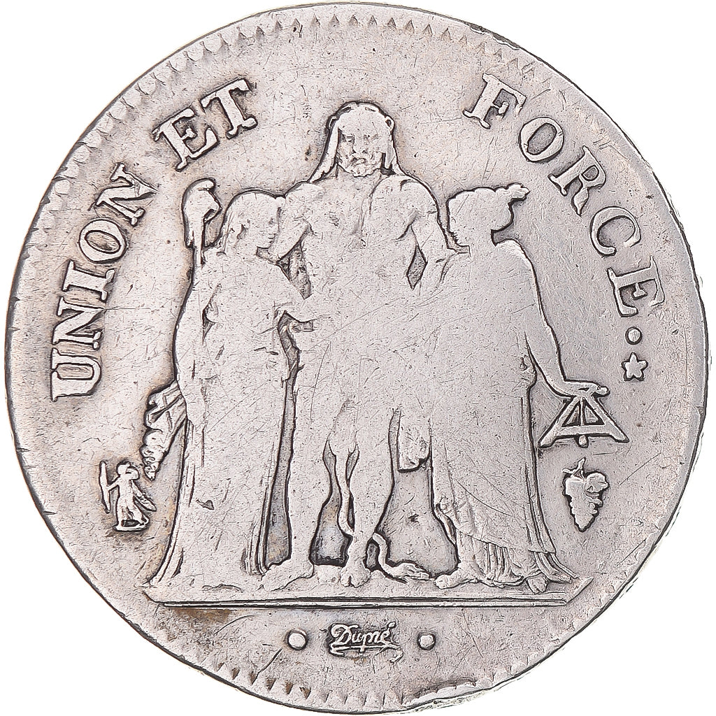 Moneta, Francia, Union et Force, 5 Francs, AN 11, Perpignan, MB+, Argento