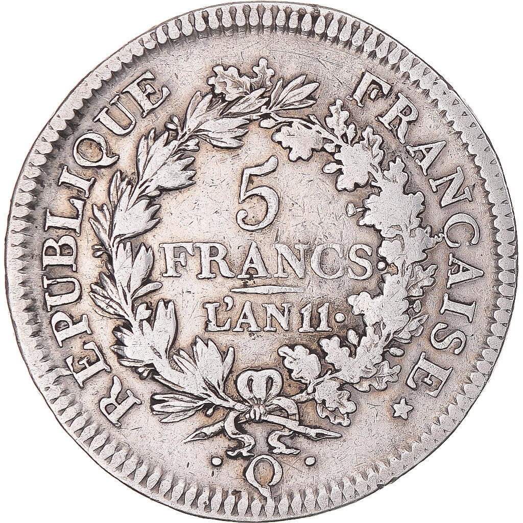 Moneta, Francia, Union et Force, 5 Francs, AN 11, Perpignan, MB+, Argento