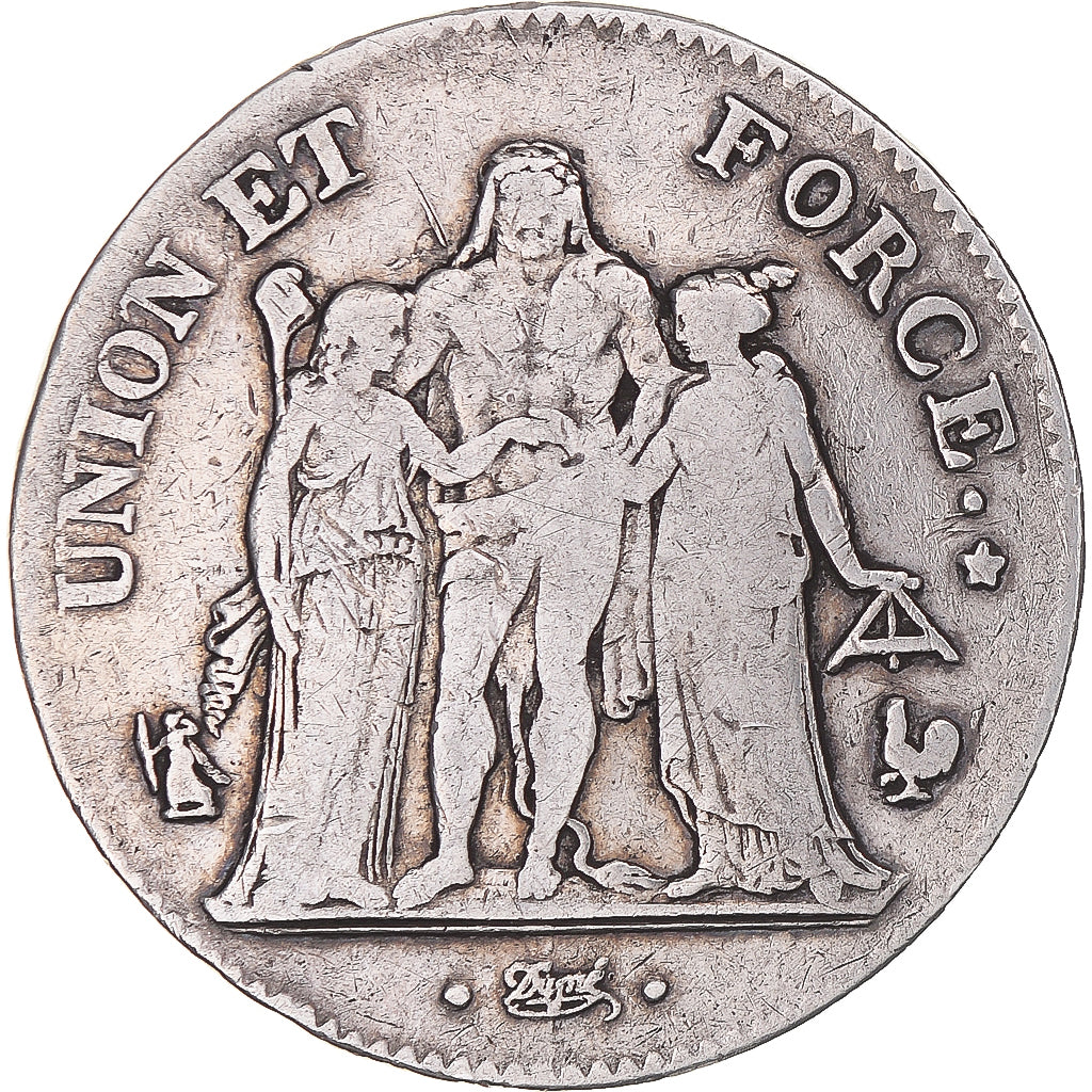 Moneta, Francia, Union et Force, 5 Francs, AN 11, Paris, MB+, Argento, KM:639.1