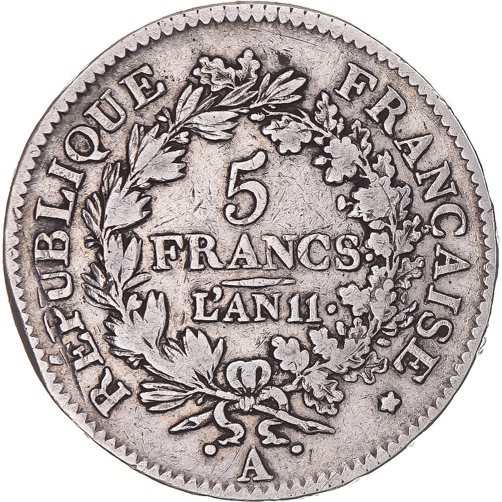 Moneta, Francia, Union et Force, 5 Francs, AN 11, Paris, MB+, Argento, KM:639.1