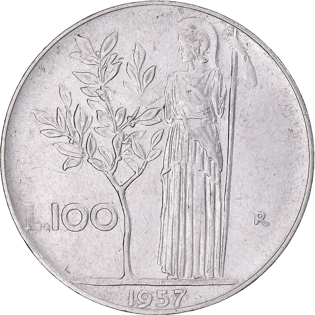 Moneda, Italia, 100 Lire, 1957, Rome, MBC, Acero inoxidable, KM:96.1