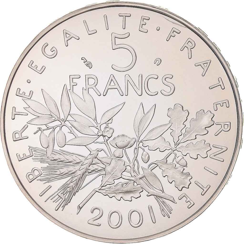 Moneda, Francia, Semeuse, 5 Francs, 2001, Paris, BE, tranche relief, FDC, Plata