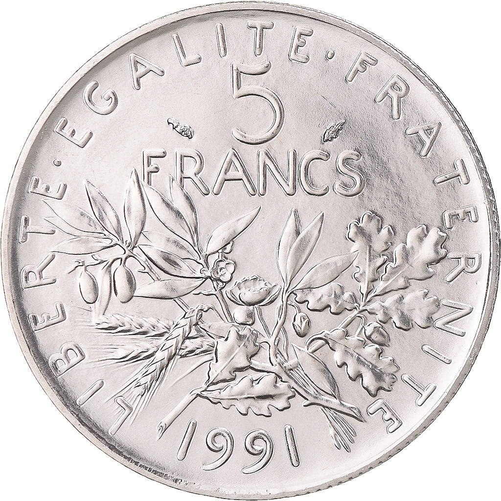 Moeda, França, Semeuse, 5 Francs, 1991, Paris, BU, MS(65-70), Cobre-Níquel