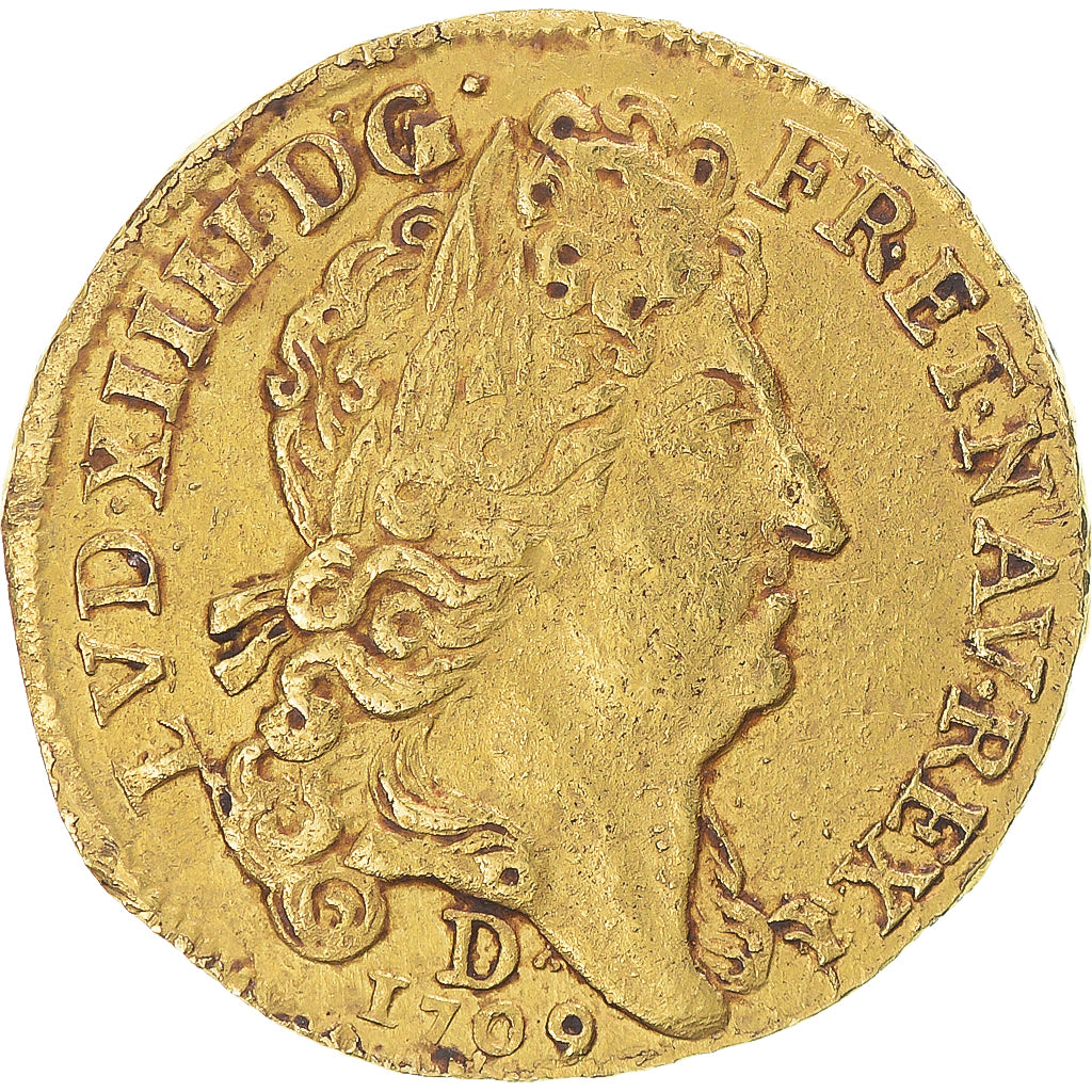 Moeda, França, Louis XIV, louis d'or au soleil, 1709, Lyon, VF(30-35), Dourado