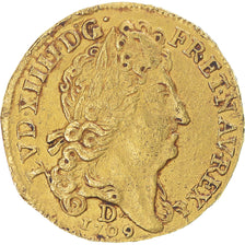 Moeda, França, Louis XIV, louis d'or au soleil, 1709, Lyon, VF(30-35), Dourado