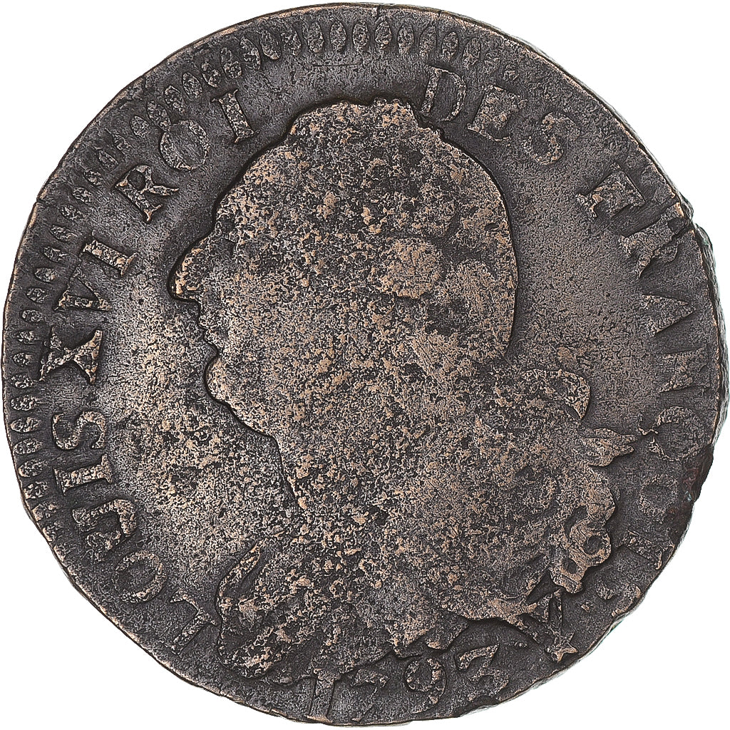 Moneta, Francja, Louis XVI, 2 Sols, 1793, Saint-Omer, EF(40-45), Métal de