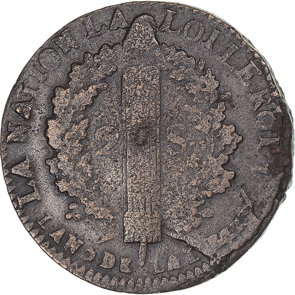 Moneta, Francja, Louis XVI, 2 Sols, 1793, Saint-Omer, EF(40-45), Métal de