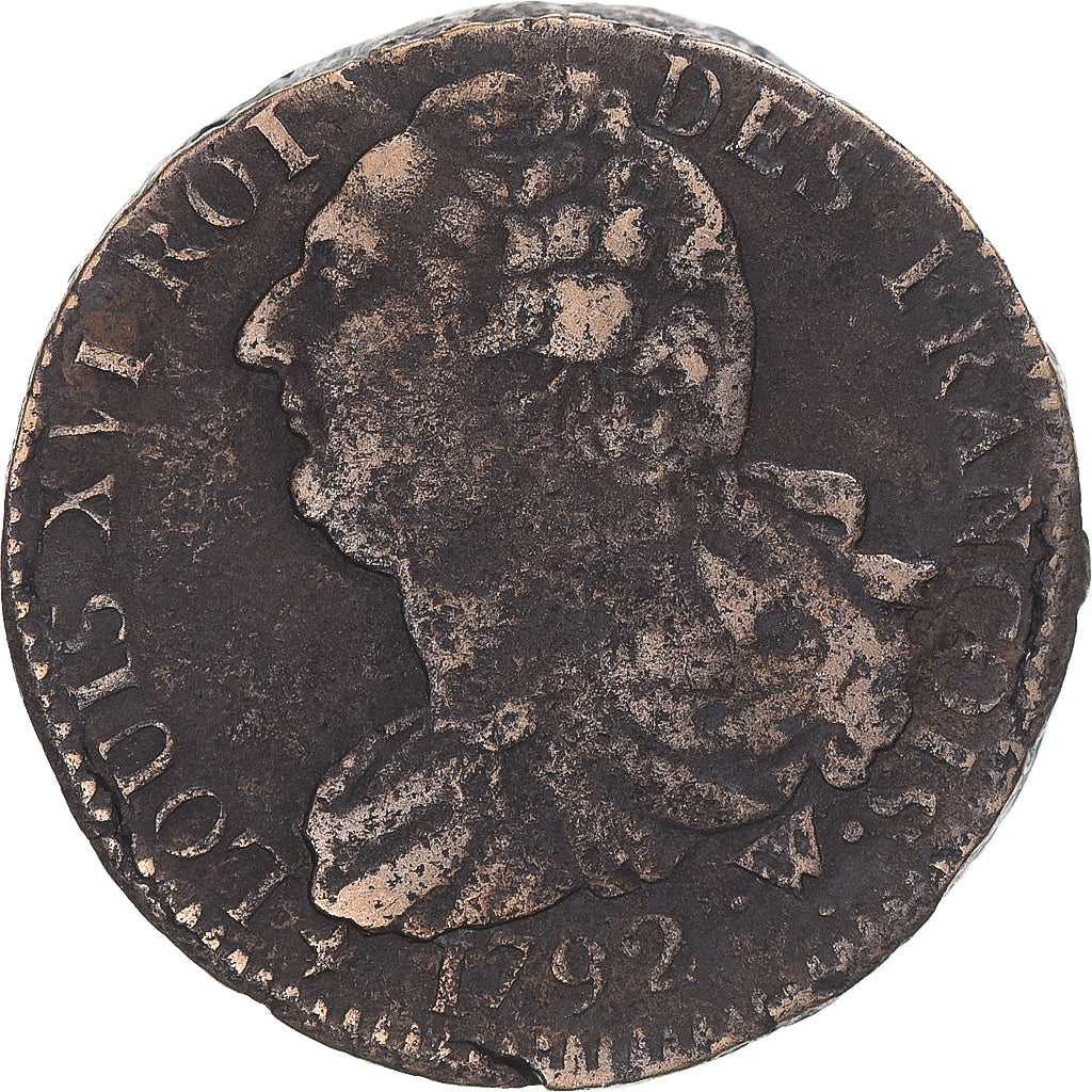 Münze, Frankreich, Louis XVI, 2 Sols, 1792, Arras, S+, Métal de cloche