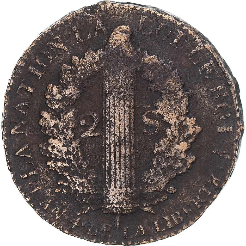 Münze, Frankreich, Louis XVI, 2 Sols, 1792, Arras, S+, Métal de cloche