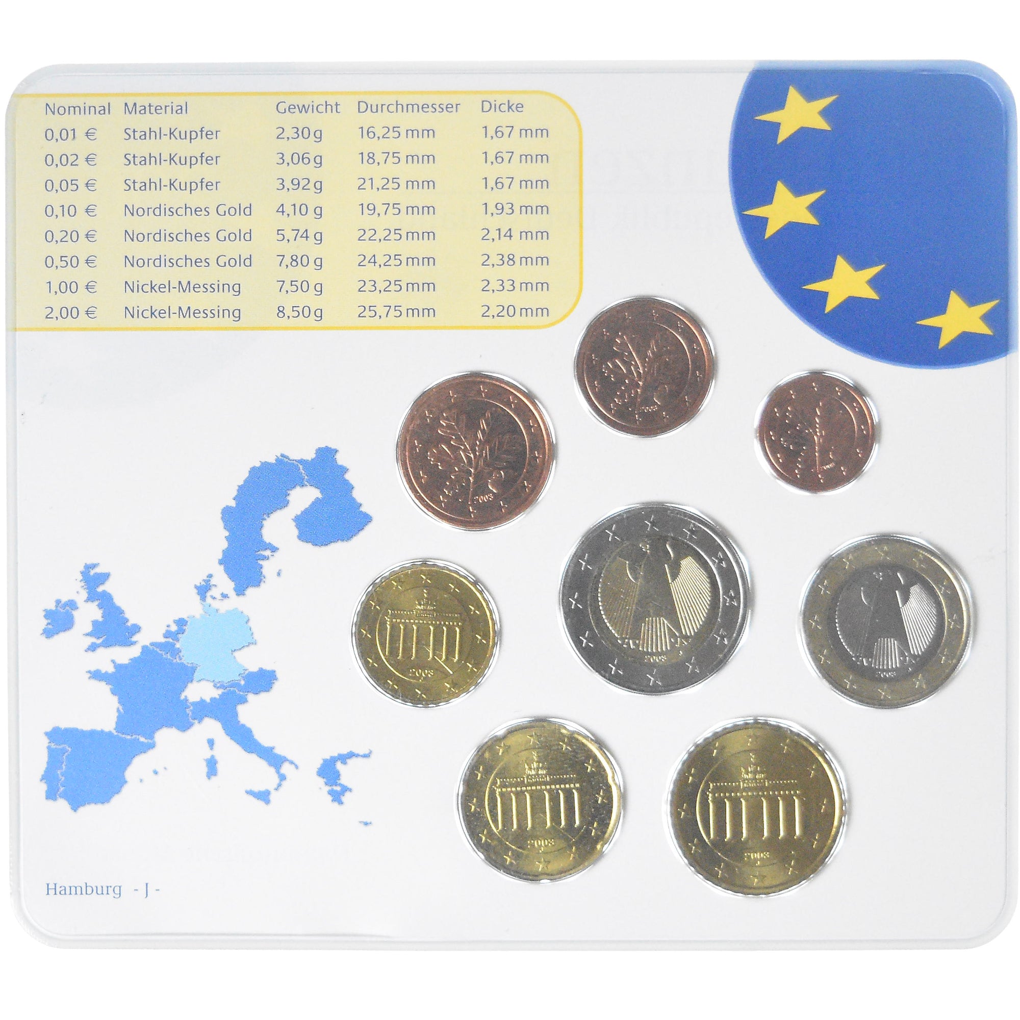 Germania, Coffret 1c. à 2€, 2003, Hambourg, UNC, FDC, Bi-metallico