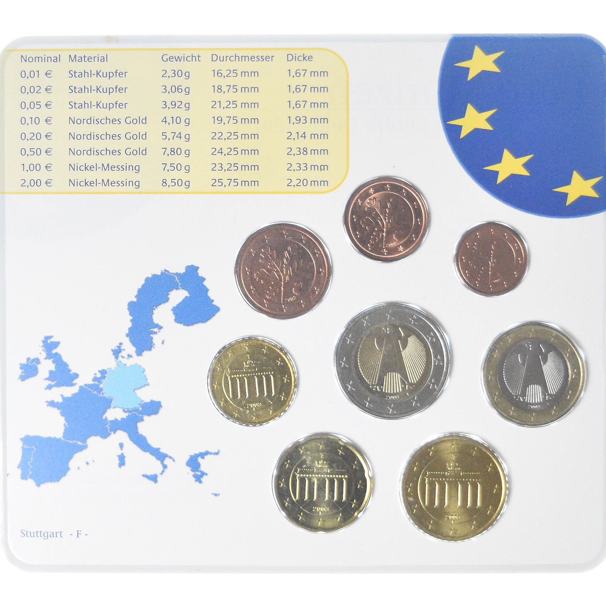 Germania, Coffret 1c. à 2€, 2003, Stuttgart, UNC, FDC, Bi-metallico