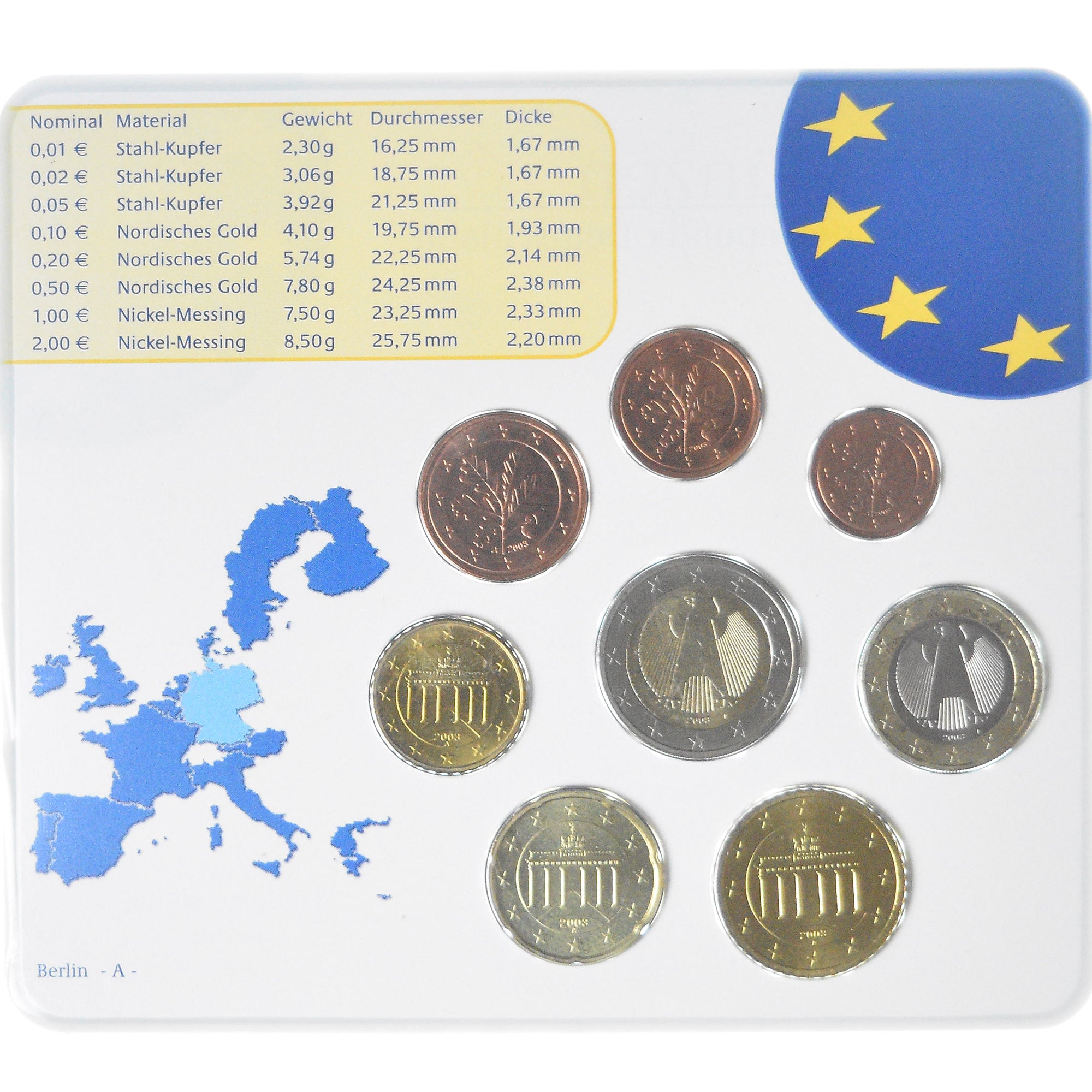 Germania, Coffret 1c. à 2€, 2003, Berlin, UNC, FDC, Bi-metallico