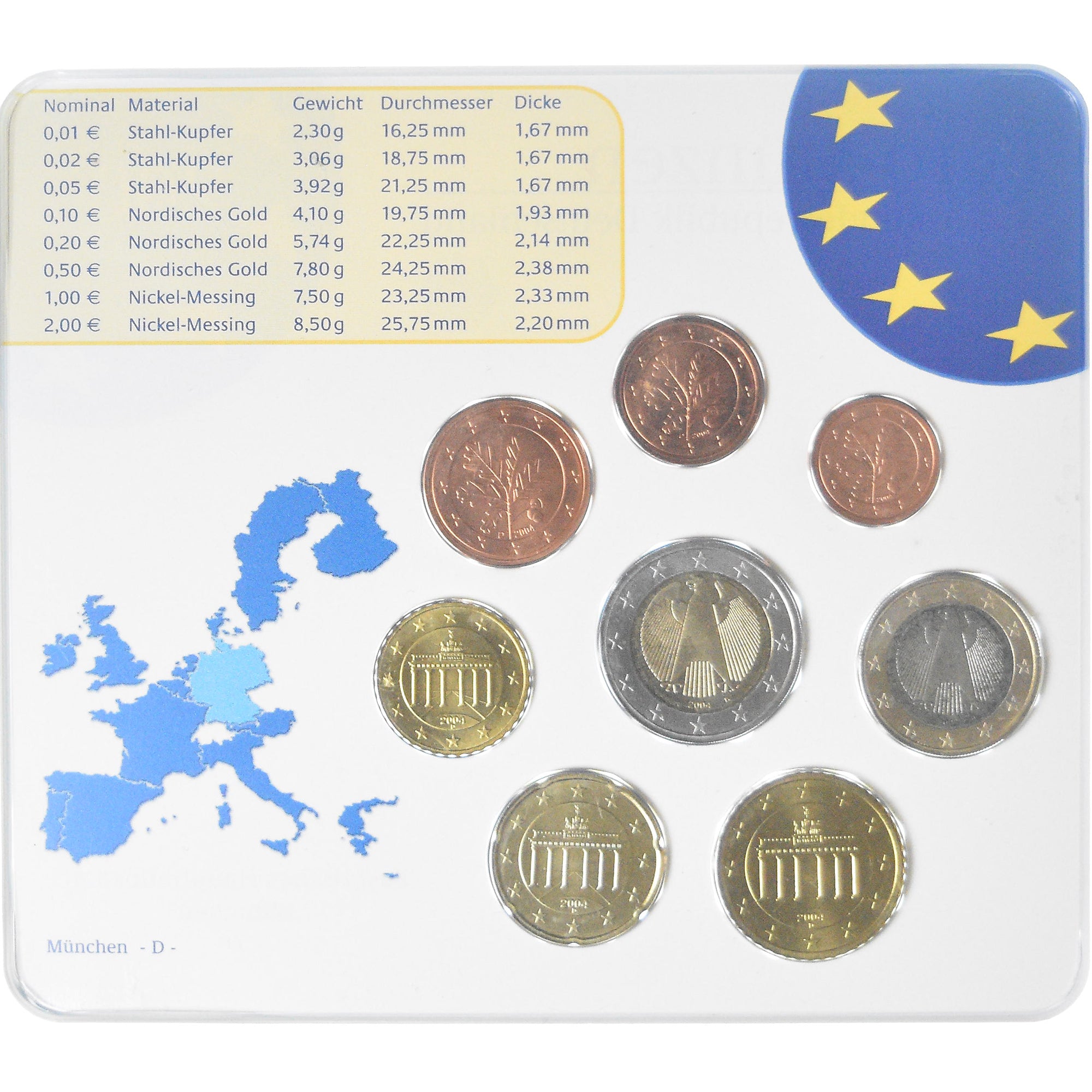 Germania, Coffret 1c. à 2€, 2004, Munich, UNC, FDC, Bi-metallico