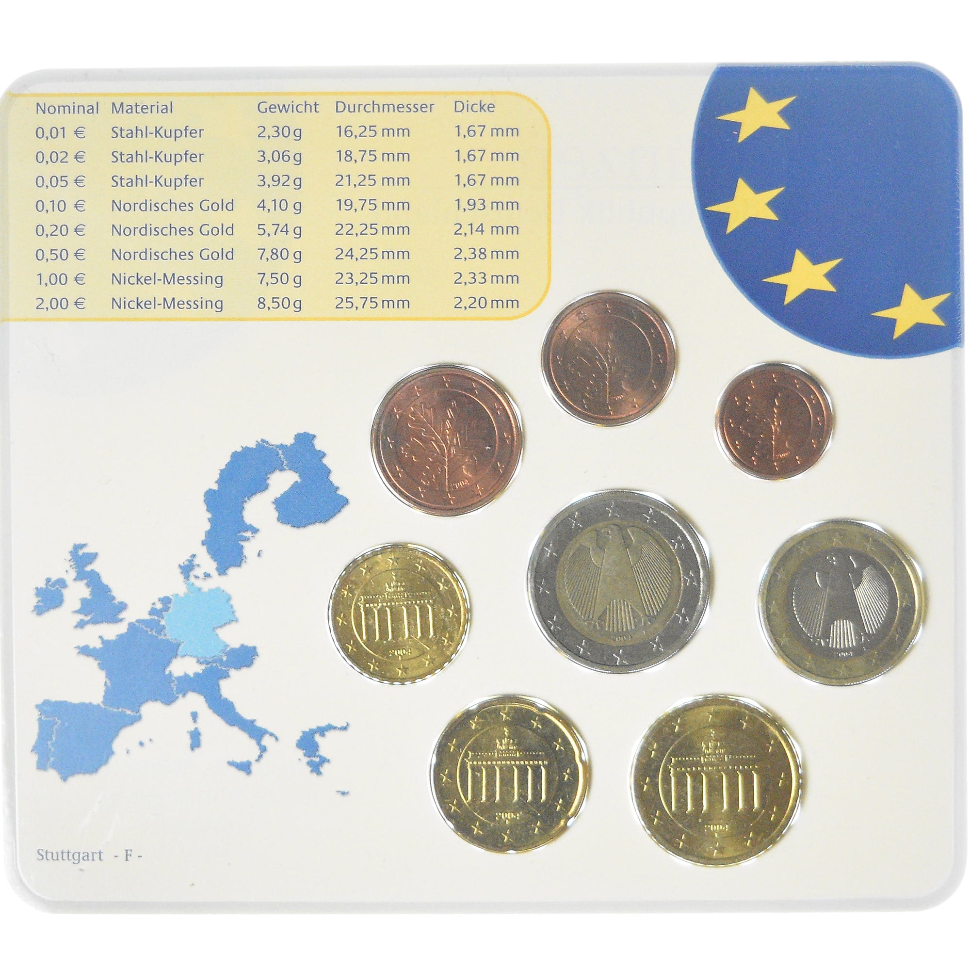 Germania, Coffret 1c. à 2€, 2004, Stuttgart, UNC, FDC, Bi-metallico