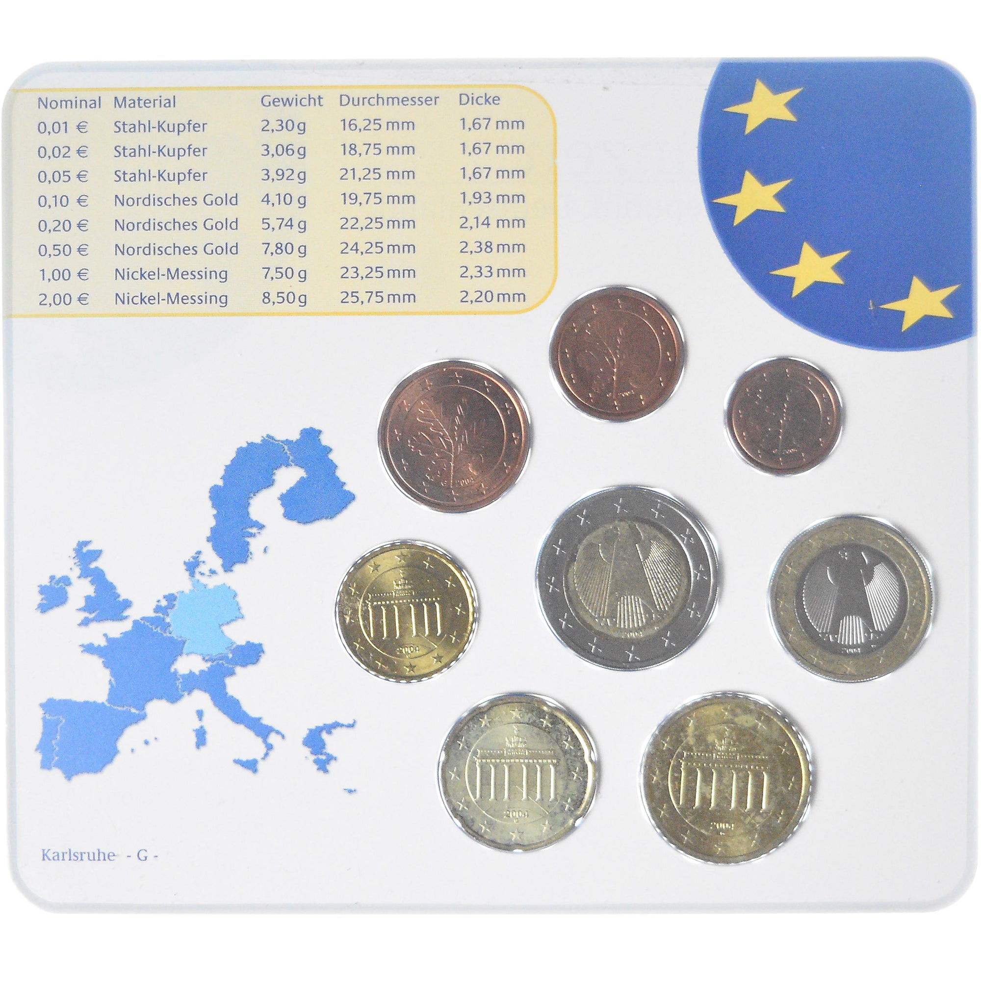 Germania, Coffret 1c. à 2€, 2004, Karlsruhe, UNC, FDC, Bi-metallico