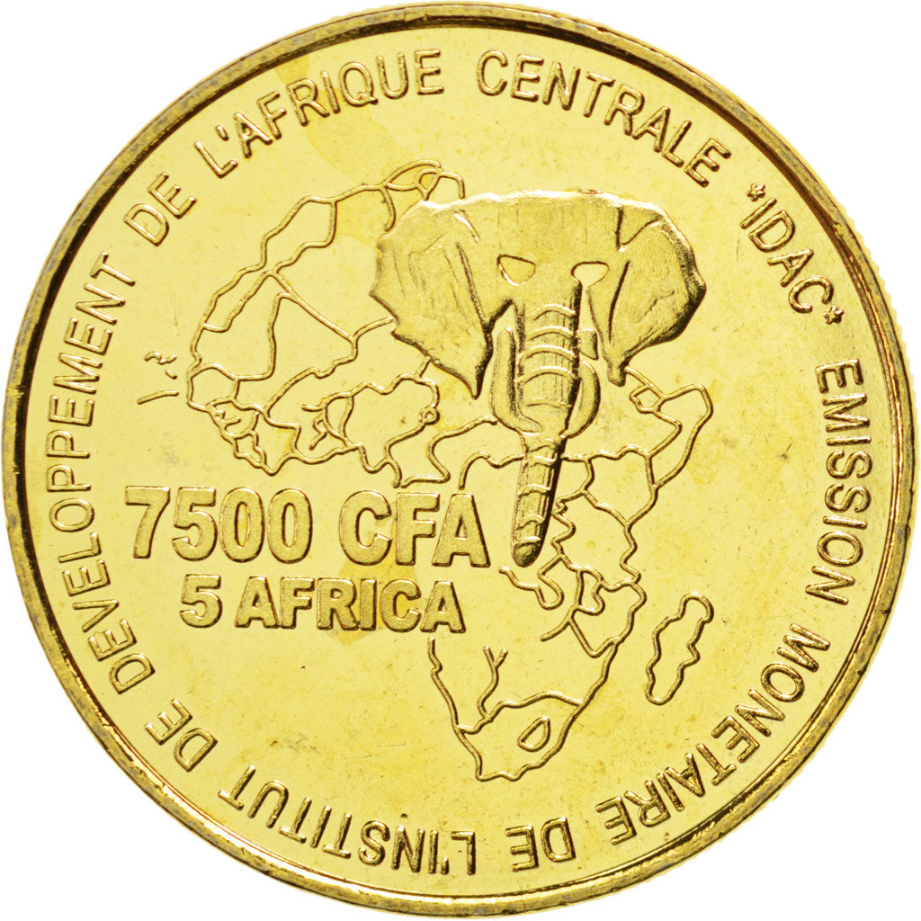 Coin, Cameroon, 7500 CFA-5 Africa, 2006, MS(63), Brass Gilt, KM:31a