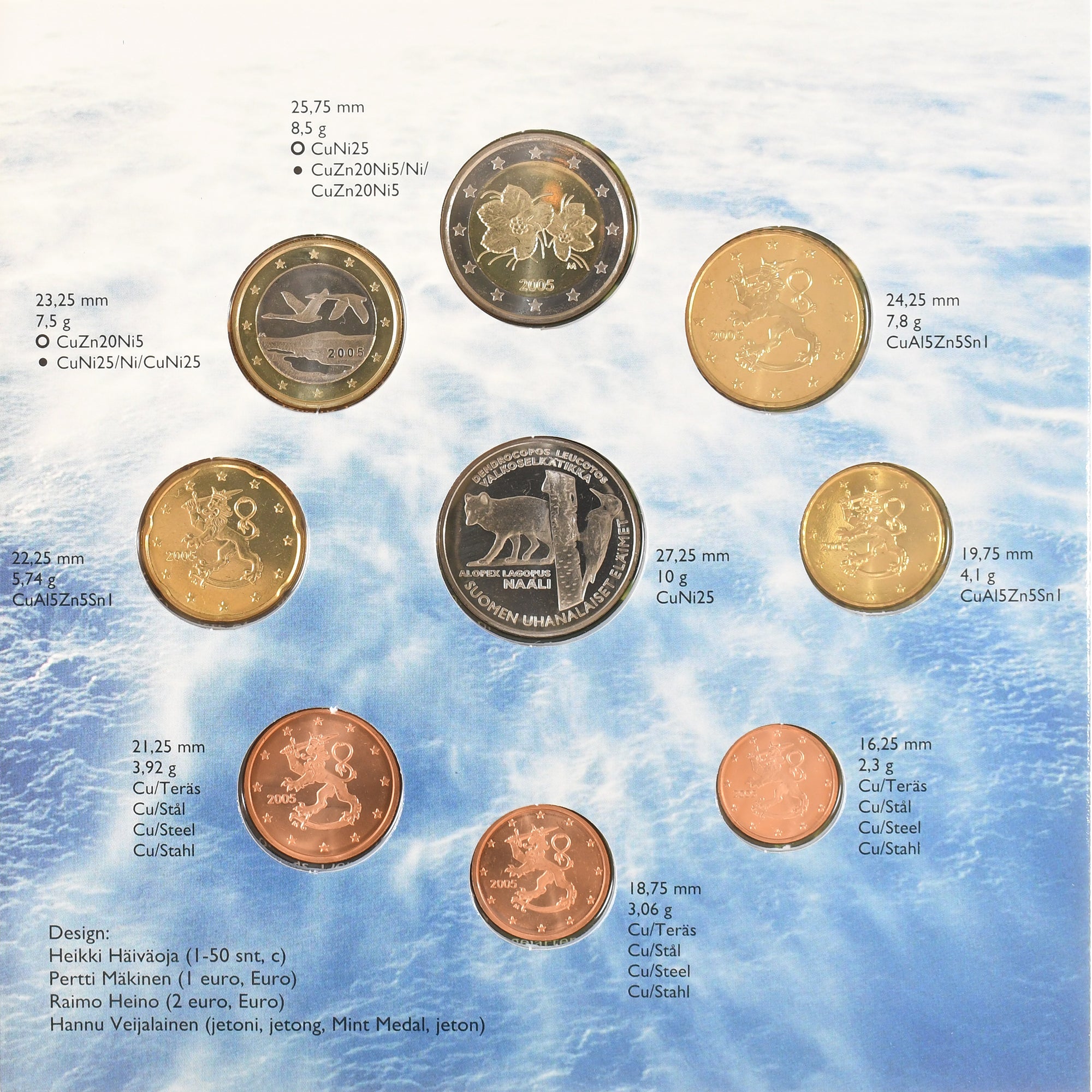 Finlandia, Coffret 1c. à 2€ + jeton, Arctic fox, 2005, Mint of Finland