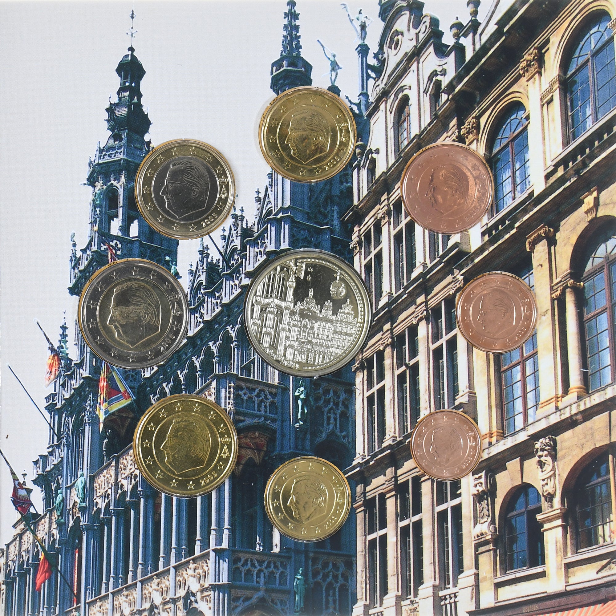 België, Coffret 1c. à 2€ + jeton, Grand'Place, 2005, Brussels, FDC, FDC