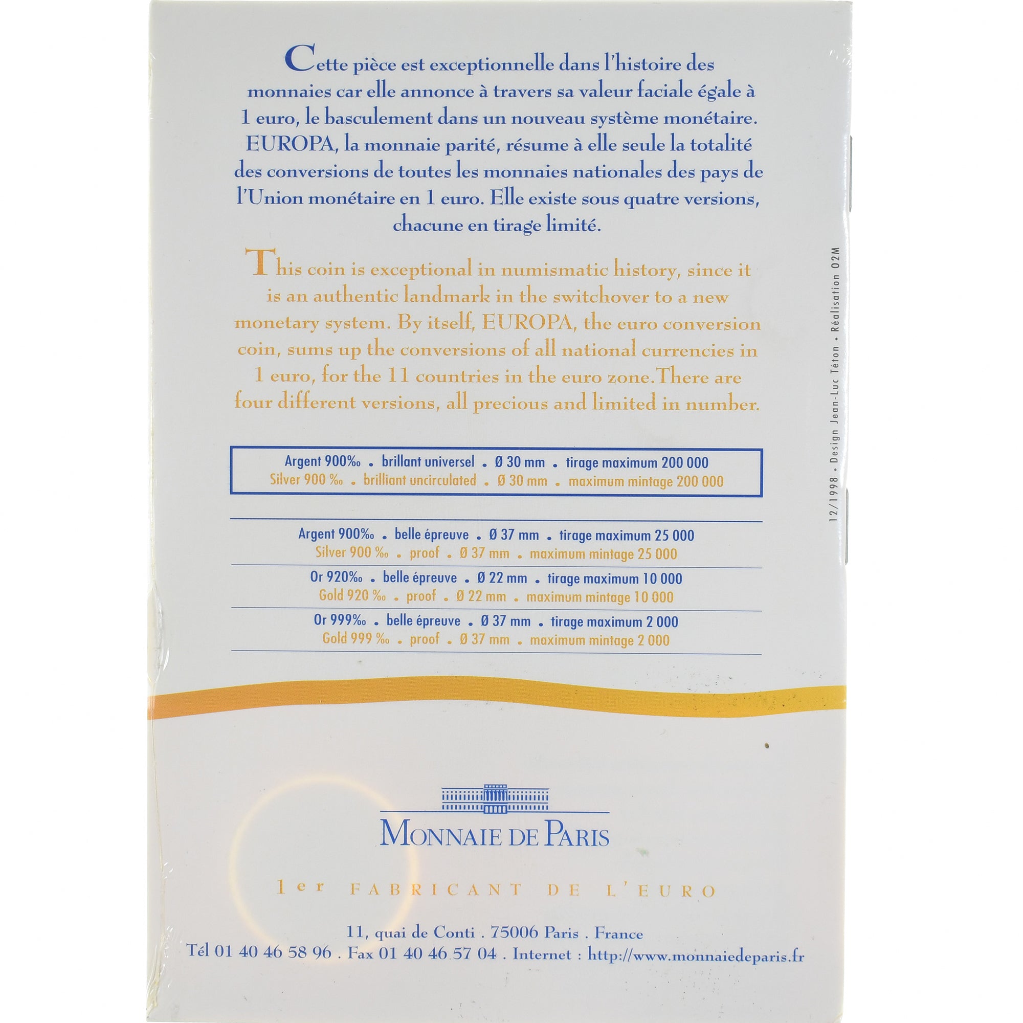 Coin, France, Europa, 6.55957 Francs, 1999, Monnaie de Paris, BU, MS(65-70)