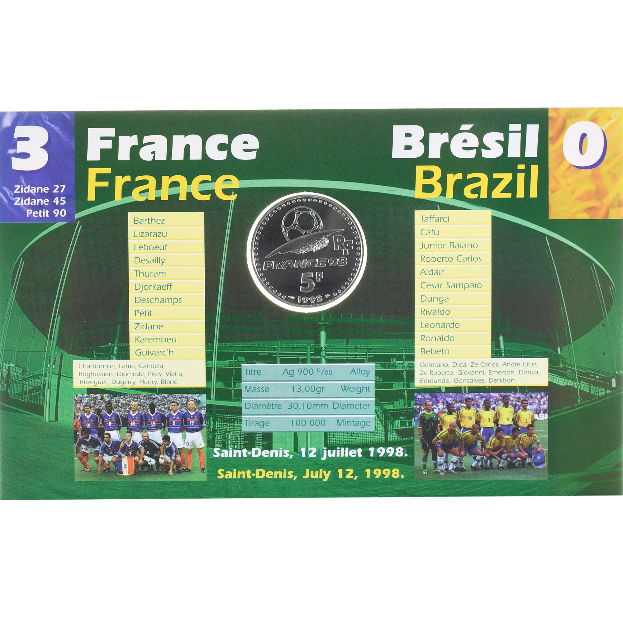 Moneta, Francia, Finale France-Brésil, 5 Francs, 1998, Monnaie de Paris, BU