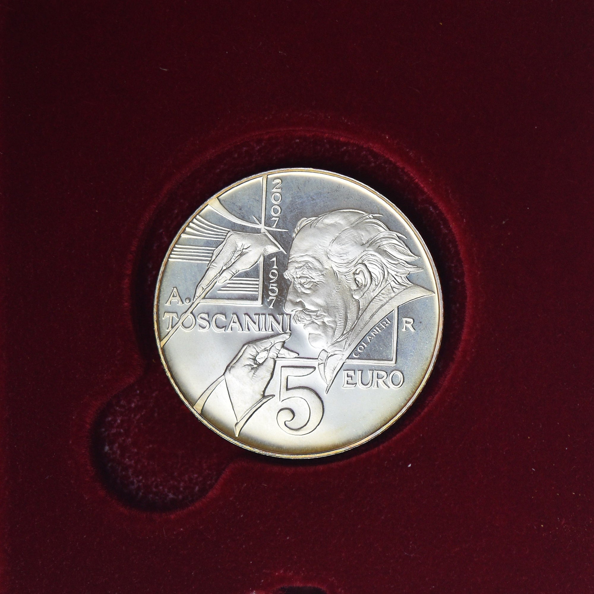 San Marino, 5 Euro, Arturo Toscanini (50° Anniv.), 2007, Rome, BE, FDC, Argento