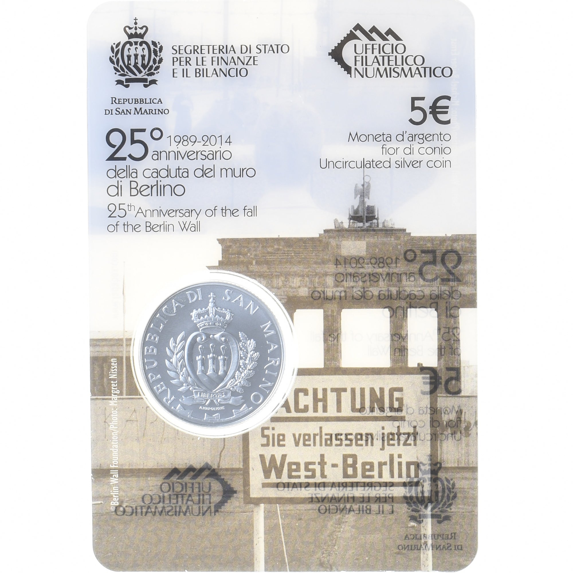 Saint Marin , 5 Euro, Caduta del muro di Berlin (25° Anniv.), 2014, Rome, UNC
