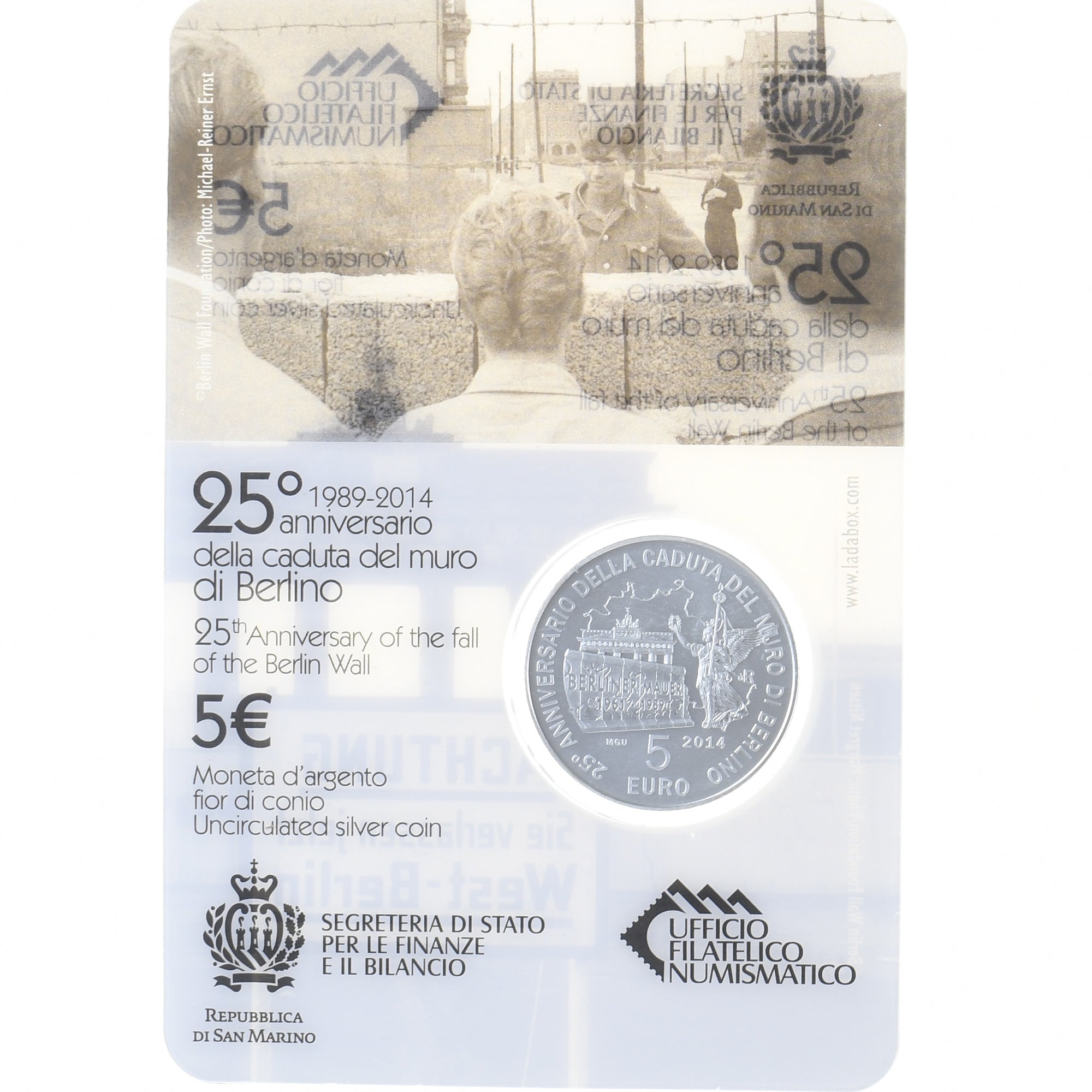 Saint Marin , 5 Euro, Caduta del muro di Berlin (25° Anniv.), 2014, Rome, UNC