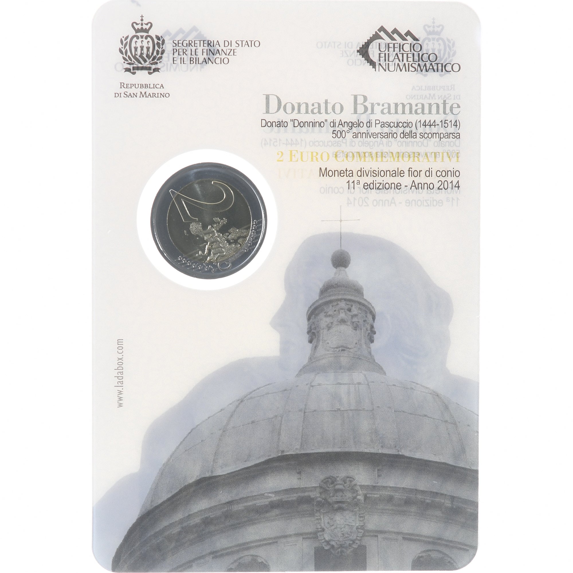 San Marino, 2 Euro, Donato Bramante, 2014, Rome, UNC, MS(65-70), Bimetálico