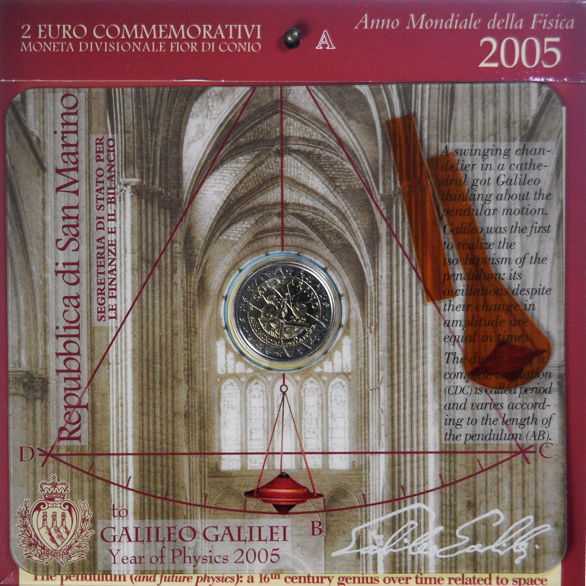 San Marino, 2 Euro, Galileo Galilei, 2005, Rome, FDC, MS(65-70), Bi-Metallic