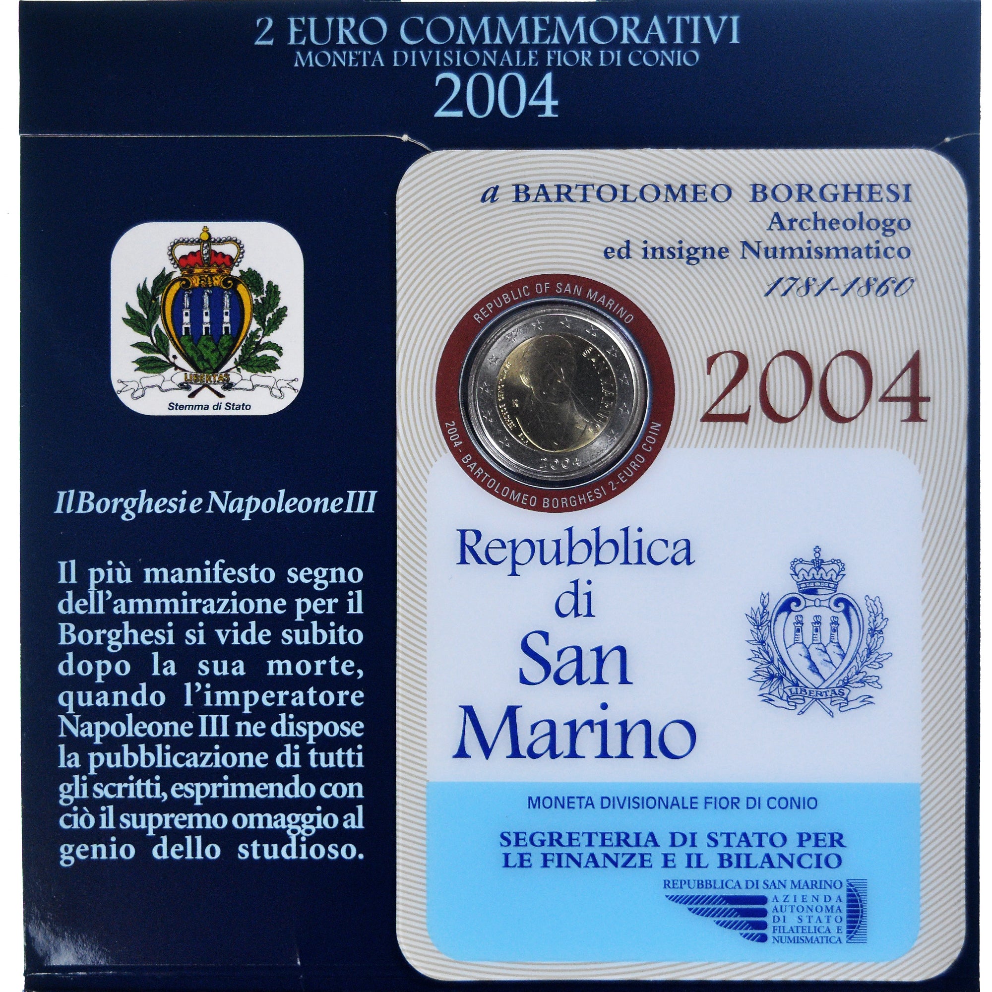 San Marino, 2 Euro, Bartolomeo Borghesi, 2004, Rome, FDC, MS(65-70), Bi-Metallic