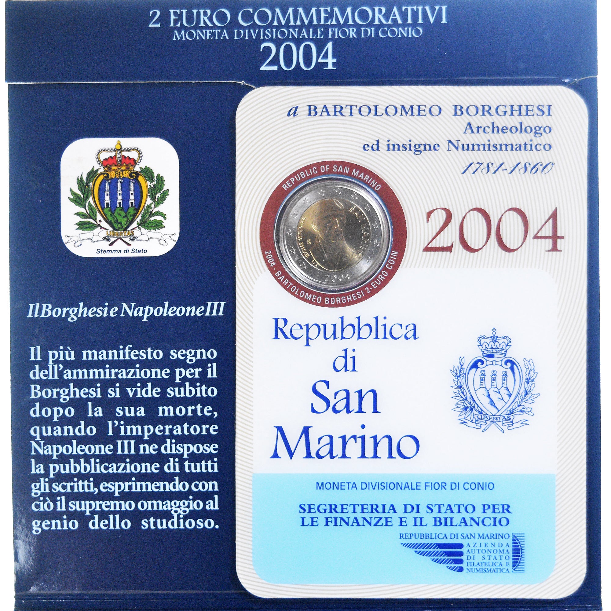 San Marino, 2 Euro, Bartolomeo Borghesi, 2004, Rome, FDC, MS(65-70), Bi-Metallic