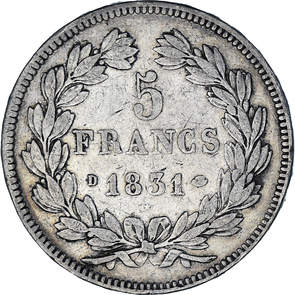 Coin, France, Louis-Philippe, 5 Francs, 1831, Lyon, VF(30-35), Silver, KM:745.4