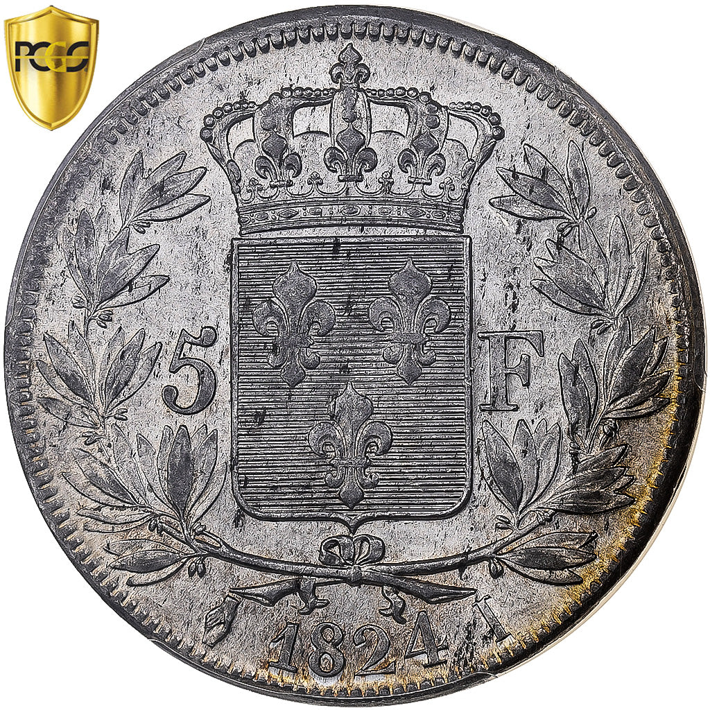 France, Louis XVIII, 5 Francs, 1824, Limoges, Silver, PCGS, MS61, Gadoury:614