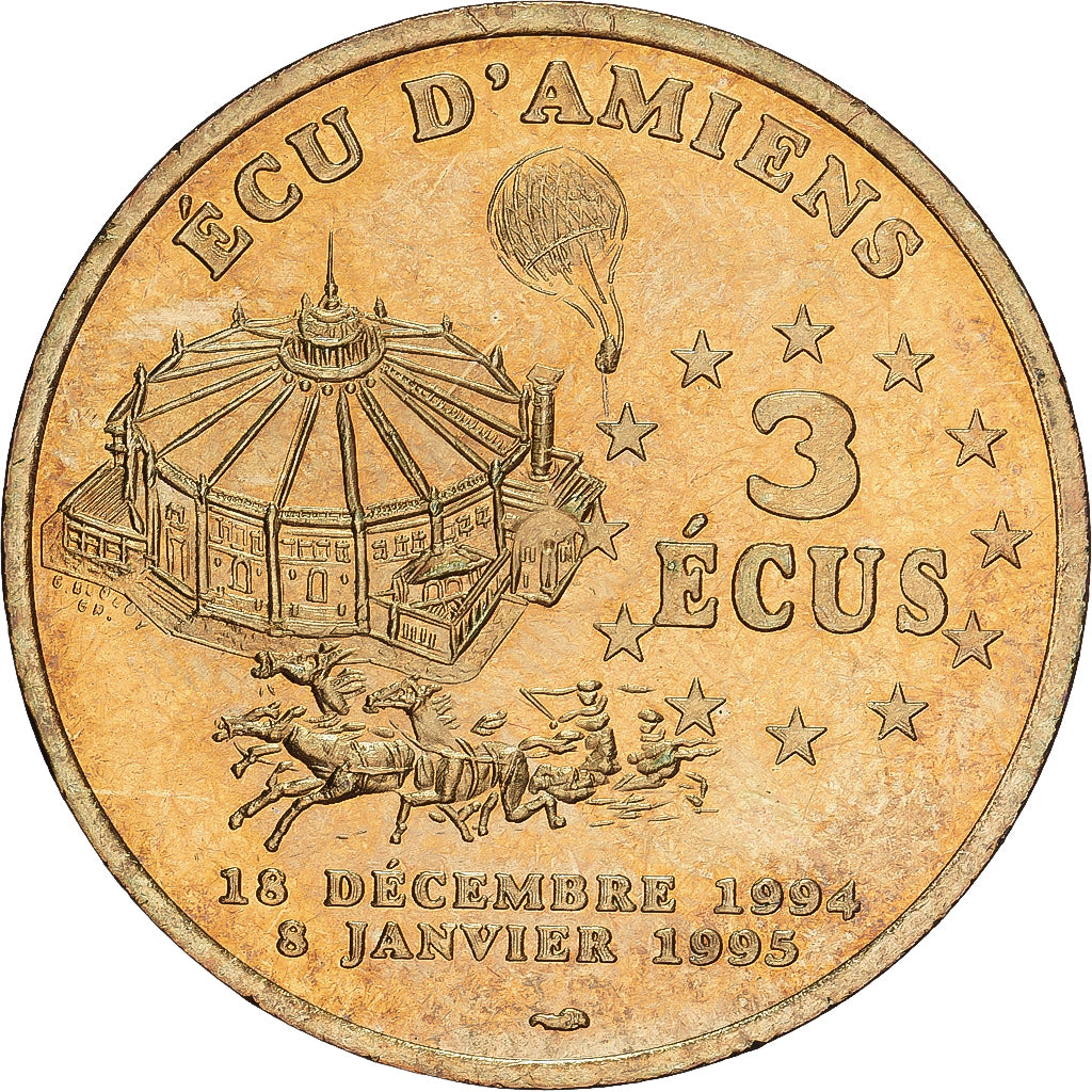 France, 3 écus d'Amiens, Cirque Jules Verne, 1994, SUP, Laiton