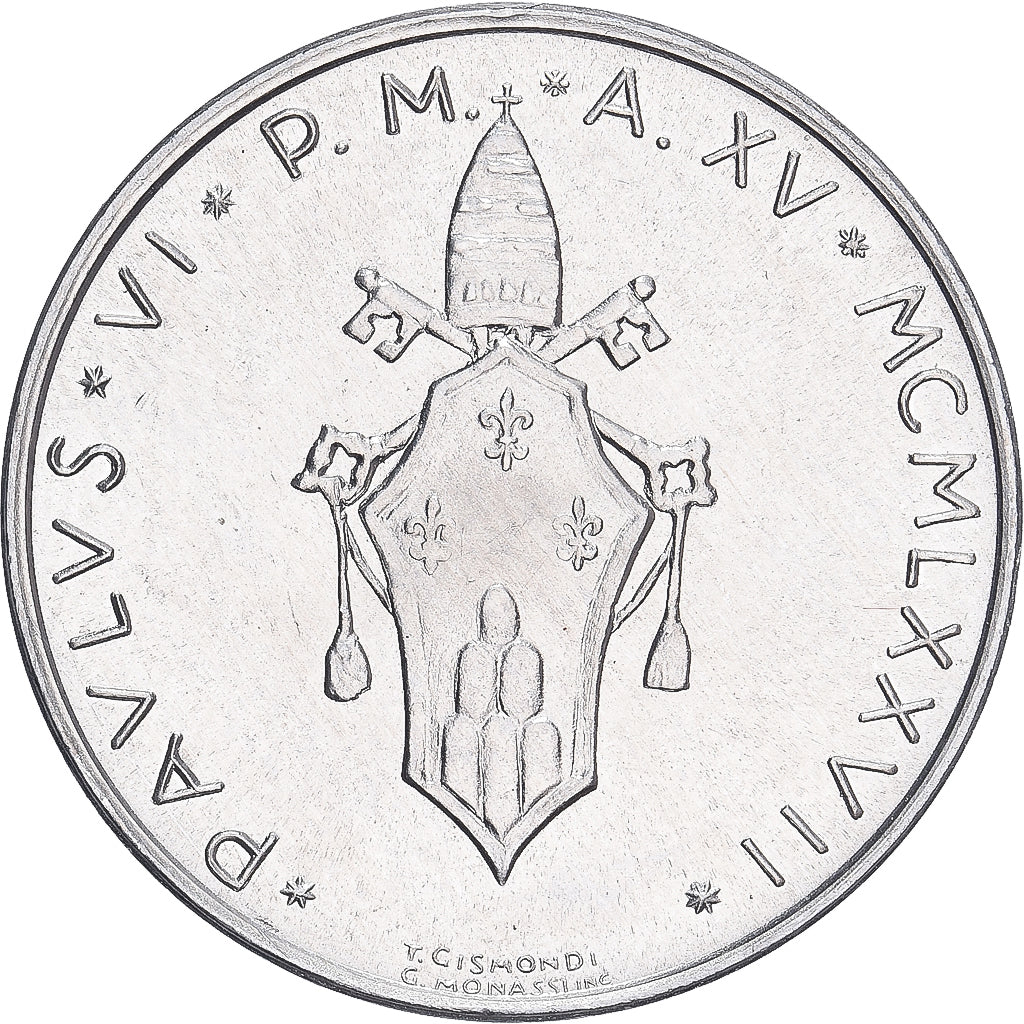 Vaticano, Paul VI, 10 Lire, 1977 - Anno XV, Roma, BU, FDC, Alluminio, KM:119