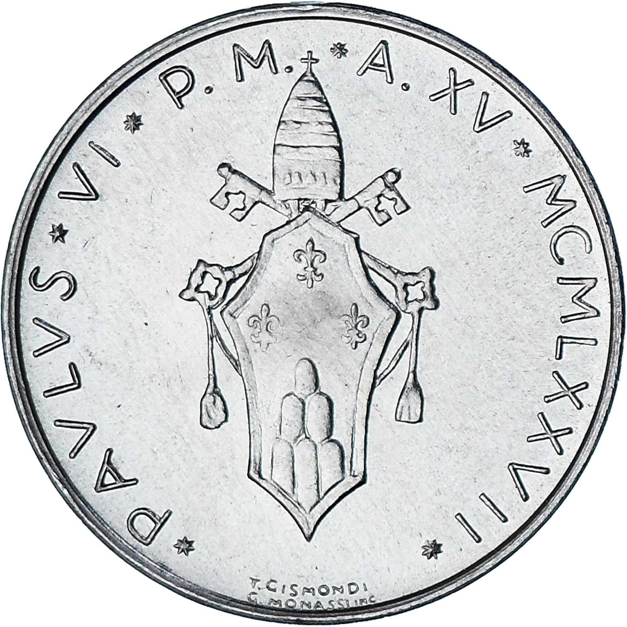 Vaticano, Paul VI, 10 Lire, 1977 - Anno XV, Roma, BU, FDC, Aluminio, KM:119