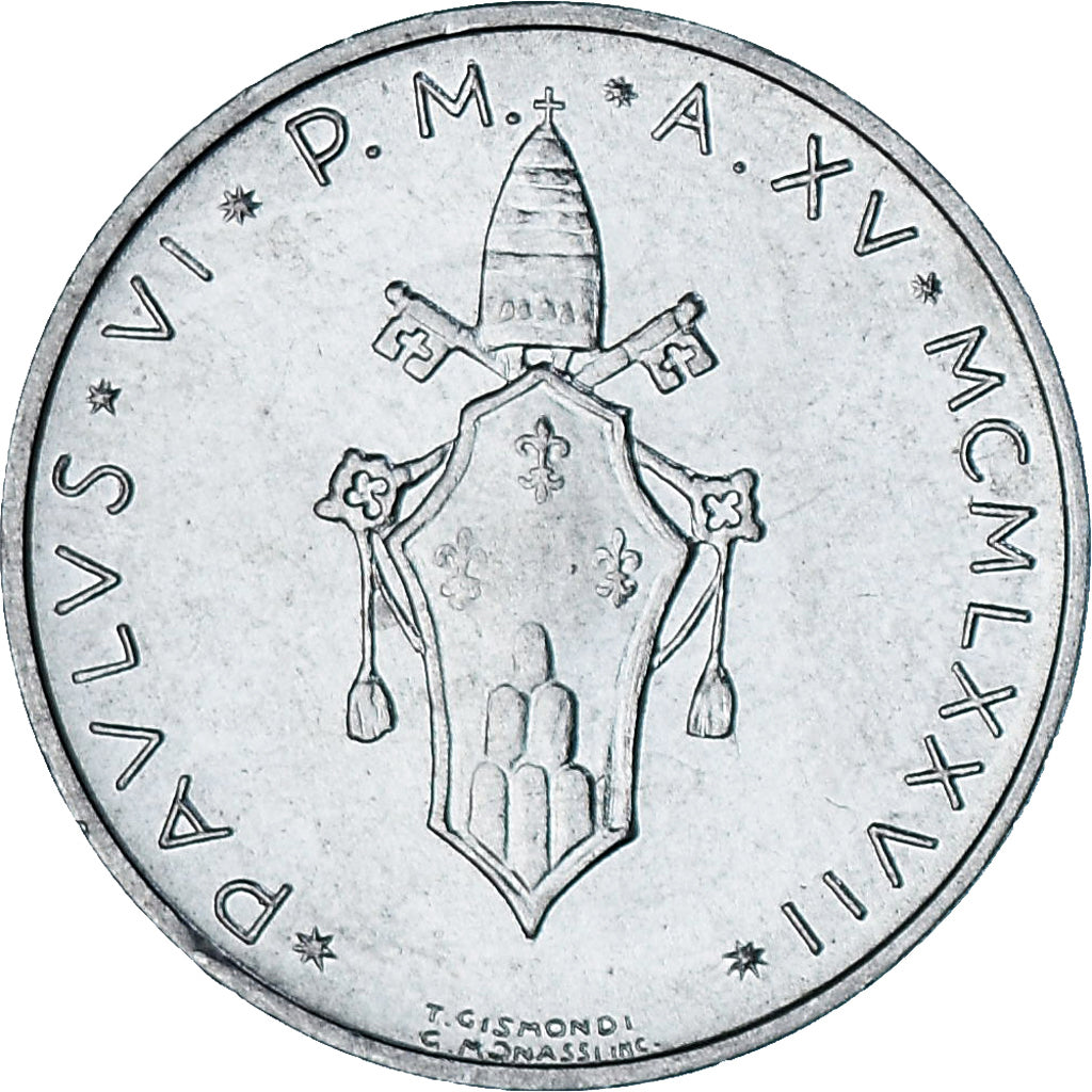 Vaticano, Paul VI, 5 Lire, 1977 - Anno XV, Roma, BU, FDC, Aluminio, KM:118
