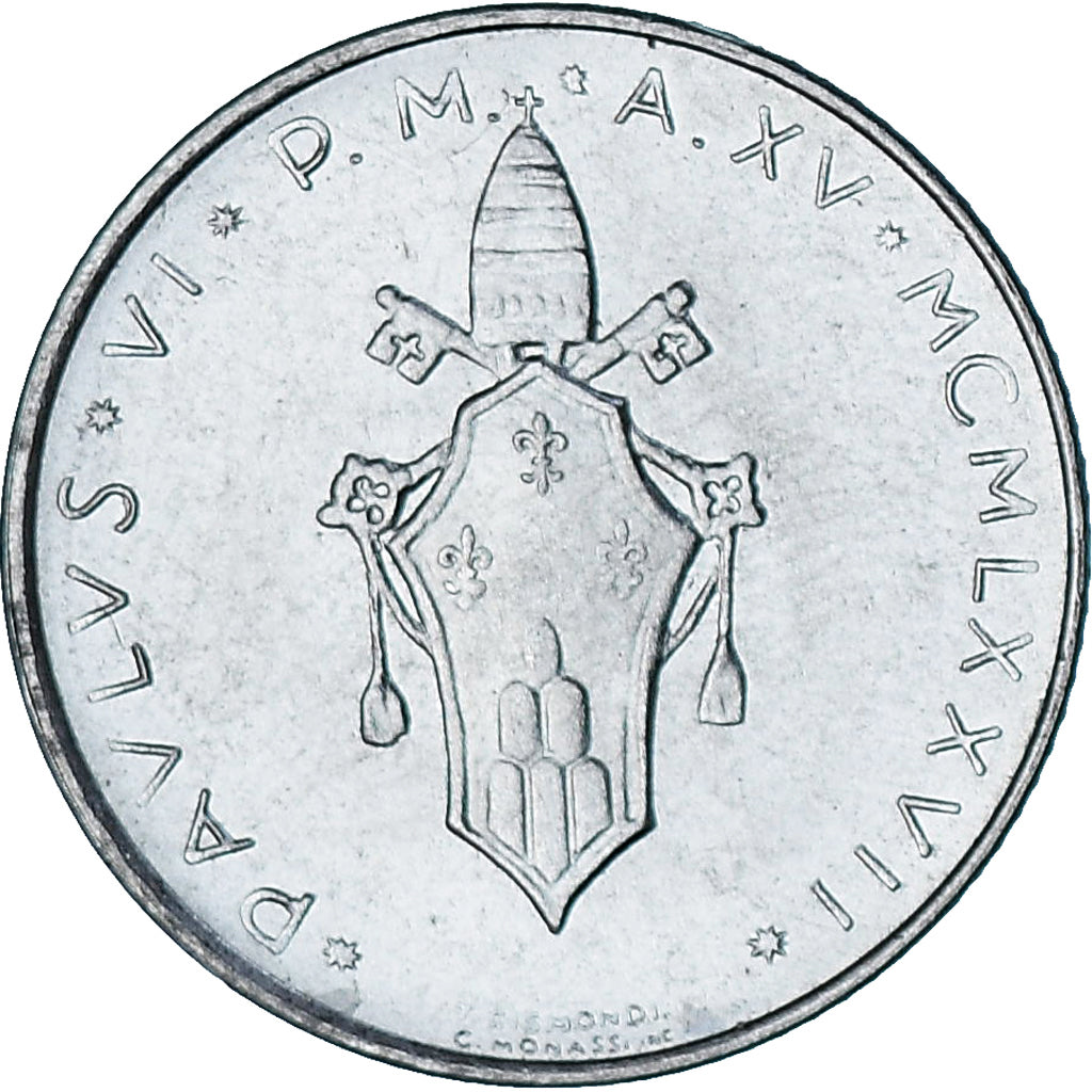 Vaticano, Paul VI, 2 Lire, 1977 - Anno XV, Roma, BU, FDC, Aluminio, KM:117