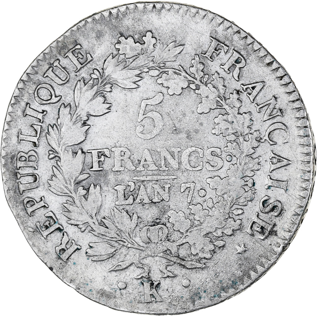 France, Directoire, Union et Force, 5 Francs, AN 7, Bordeaux, VF(30-35), Silver