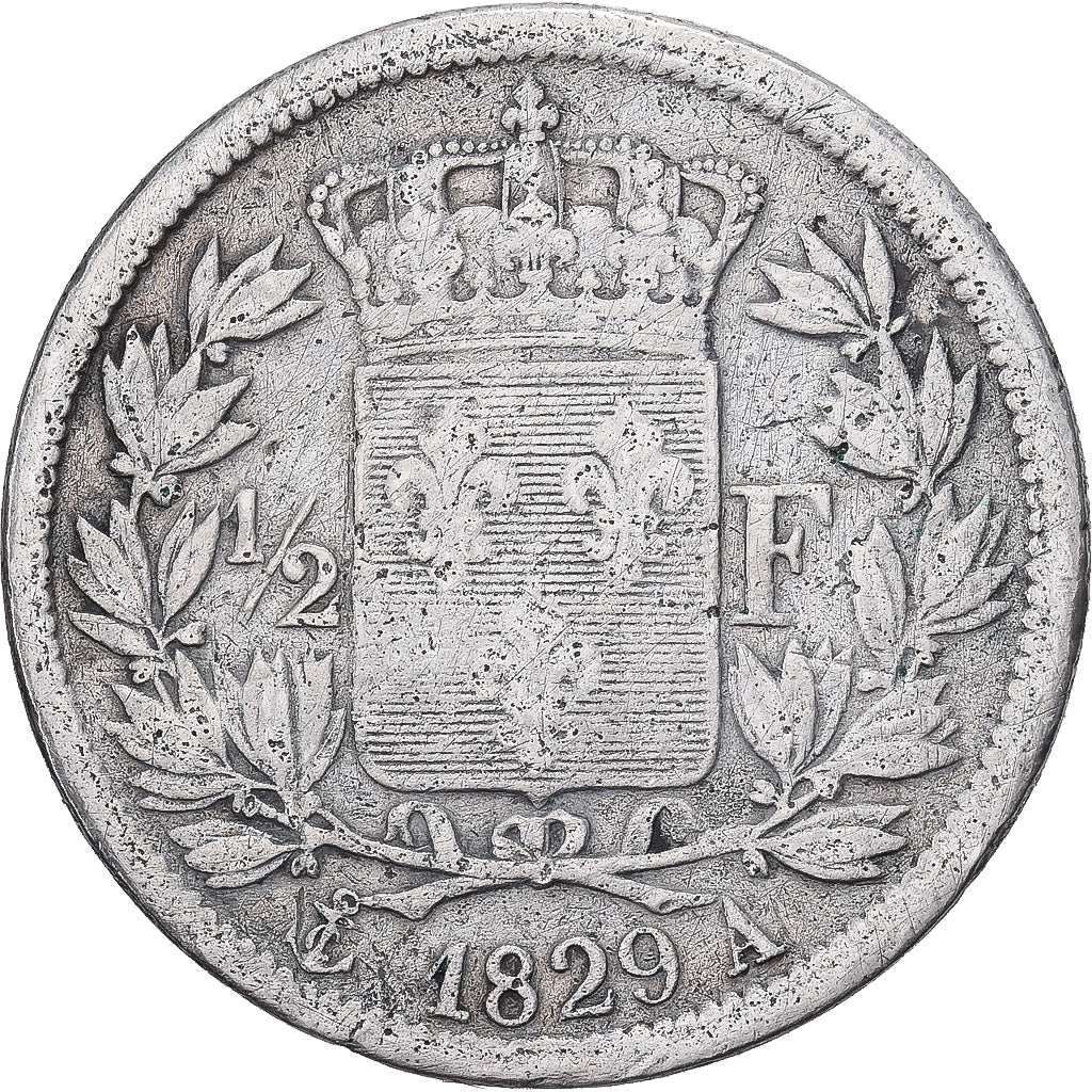 Francia, Charles X, 1/2 Franc, 1829, Paris, BC+, Plata, KM:723, Gadoury:402