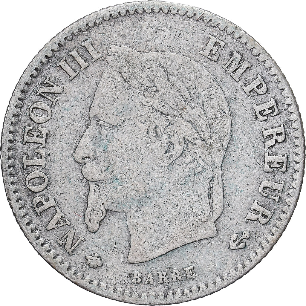 Francia, Napoleon III, 20 Centimes, 1868, Paris, BC+, Plata, KM:808, Gadoury:309