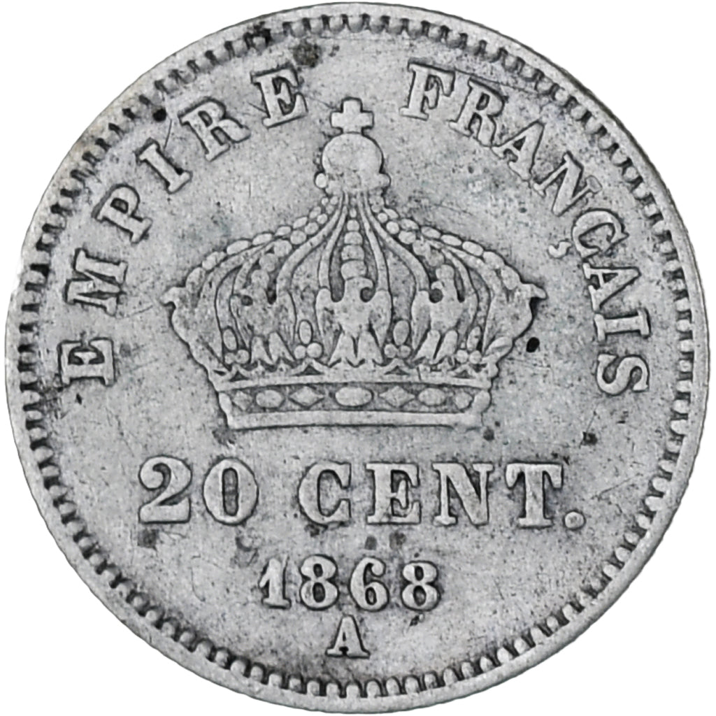 France, Napoleon III, 20 Centimes, 1868, Paris, VF(30-35), Silver, KM:808