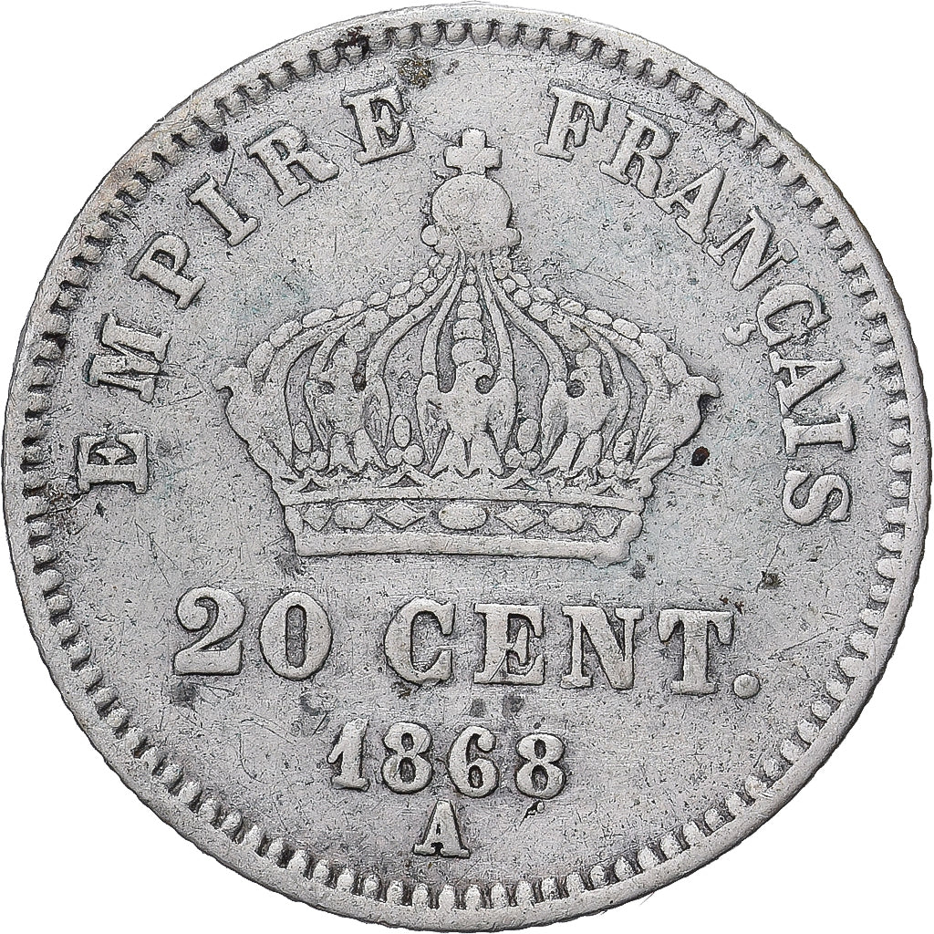 Francia, Napoleon III, 20 Centimes, 1868, Paris, BC+, Plata, KM:808, Gadoury:309
