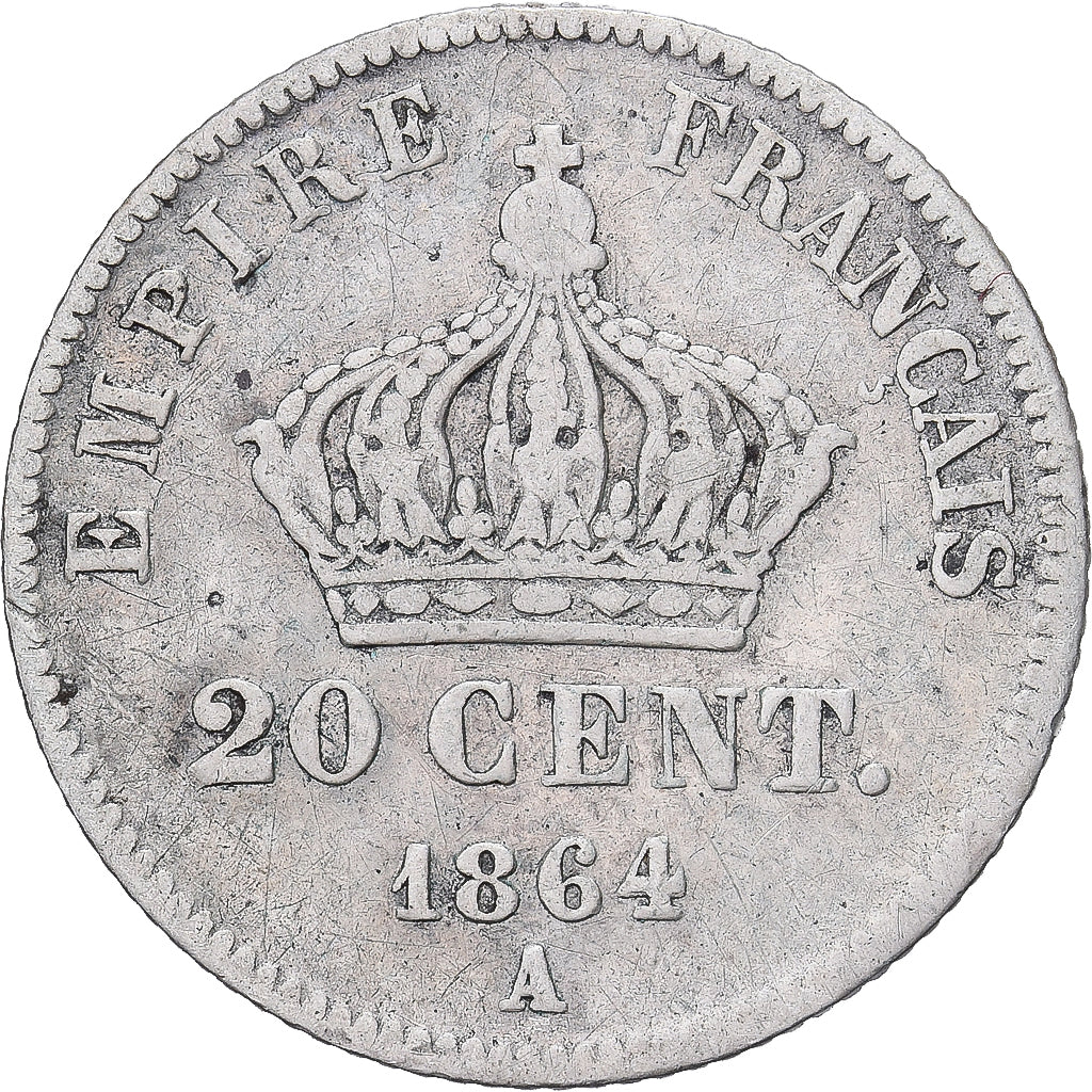 France, Napoleon III, 20 Centimes, 1864, Paris, TB+, Argent, Gadoury:417, KM:814