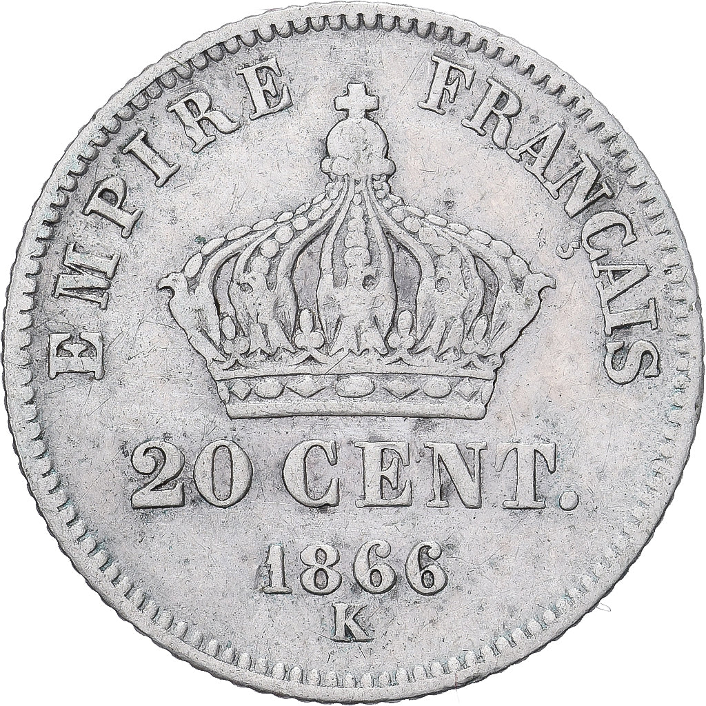 France, Napoleon III, 20 Centimes, 1866, Bordeaux, TB+, Argent, Gadoury:417